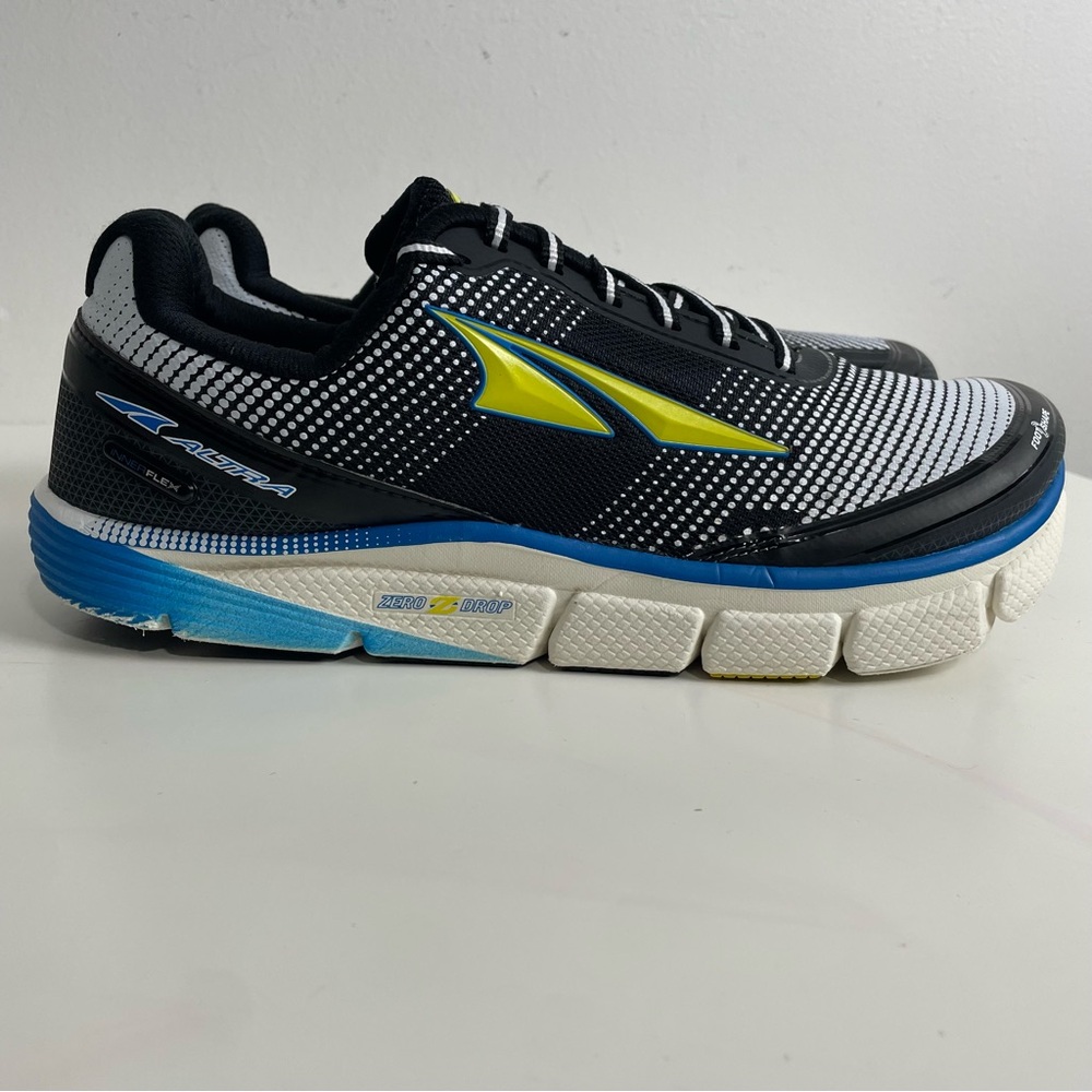 Altra Men's Black White Blue Athletic Running Shoes with Yellow Accents